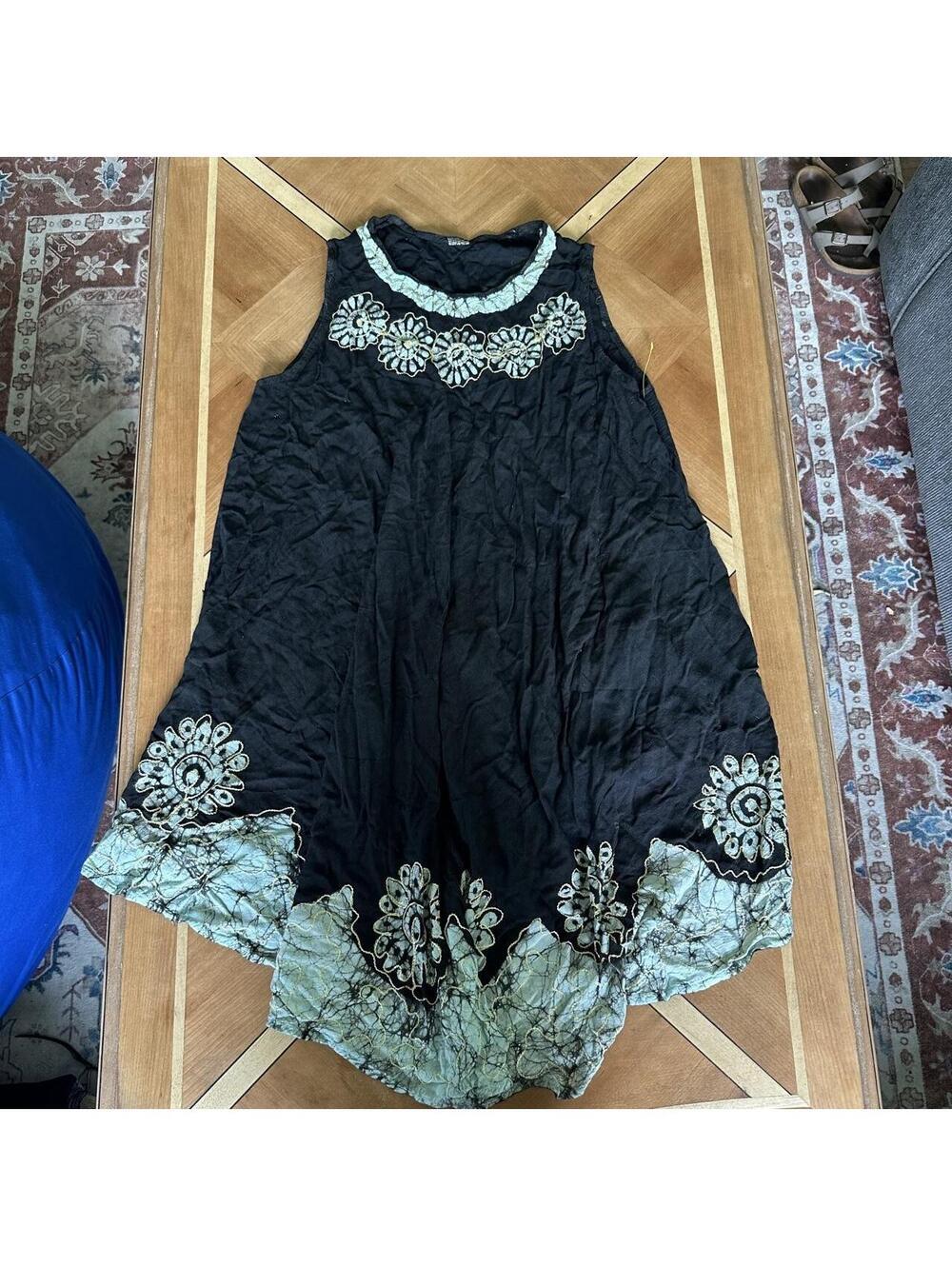 Fairy whimsigoth whimsical hippie boho black rayon dress w floral embroidery